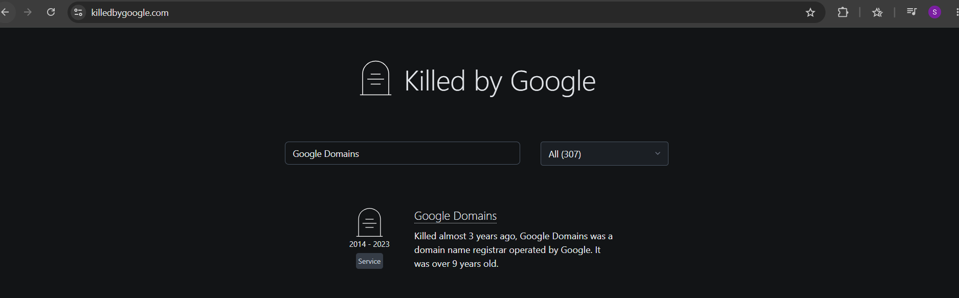 Screenshot of Google Domains' entry on killedbygoogle.com